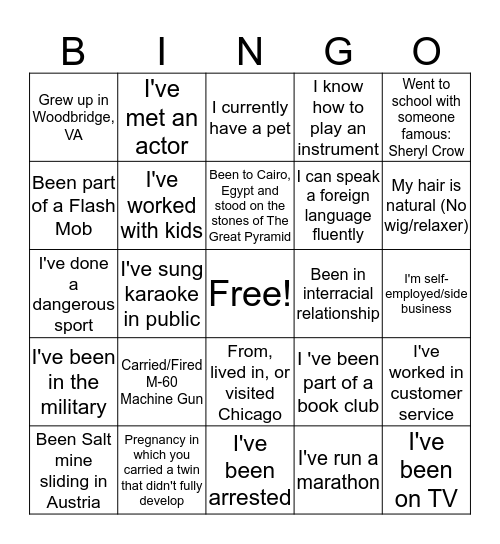 Life Events Bingo Card