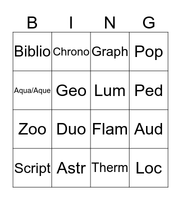 Root Words Bingo Card
