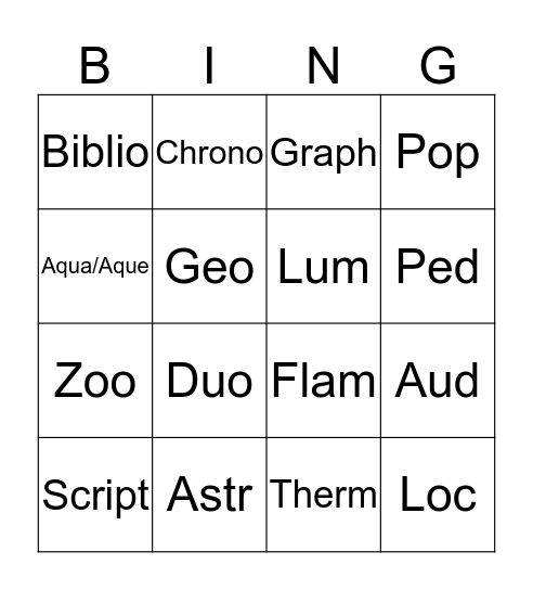 Root Words Bingo Card