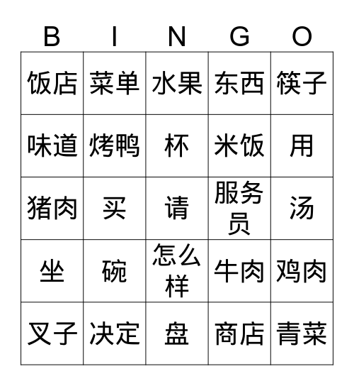 Restaurant & Store Lingo Bingo Card