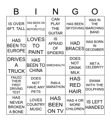SIMEDHEALTH BINGO Card