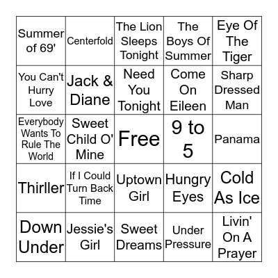 80's Hits Bingo Card