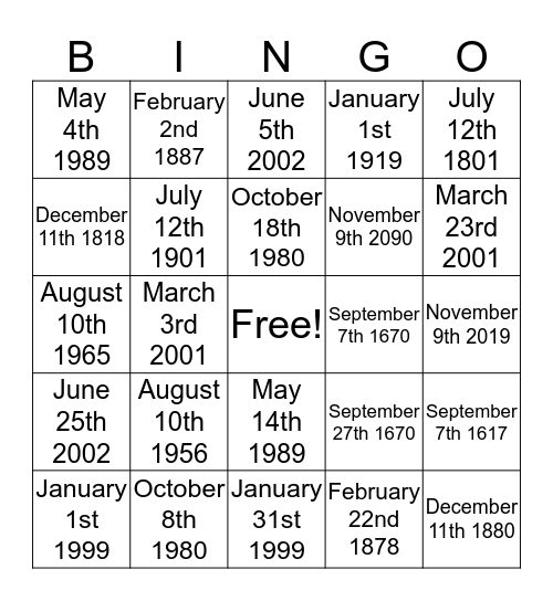 Dates Bingo Card