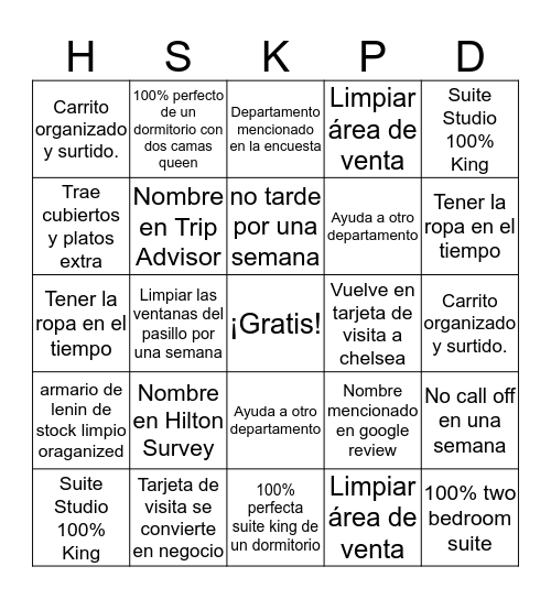 Housekeeping/Sales  Bingo Card