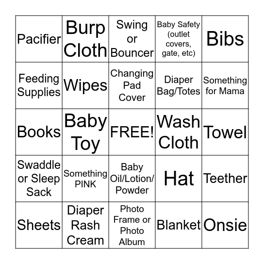 Baby Gift BINGO!  Bingo Card