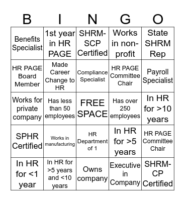 HR PAGE BINGO Card