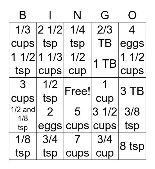Double / Half Recipes Bingo Card