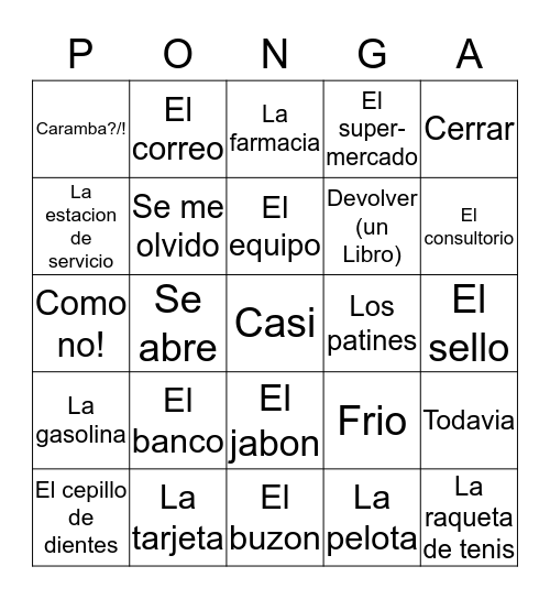 Centre Bingo Card