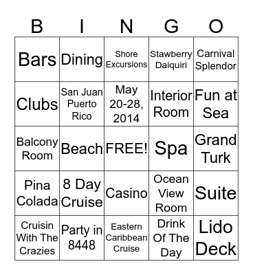 Carnival Spendor Bingo Card