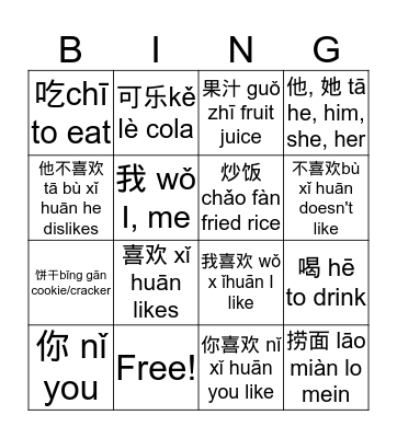 Snacks & Drinks Preference (Chinese Buddy) Bingo Card