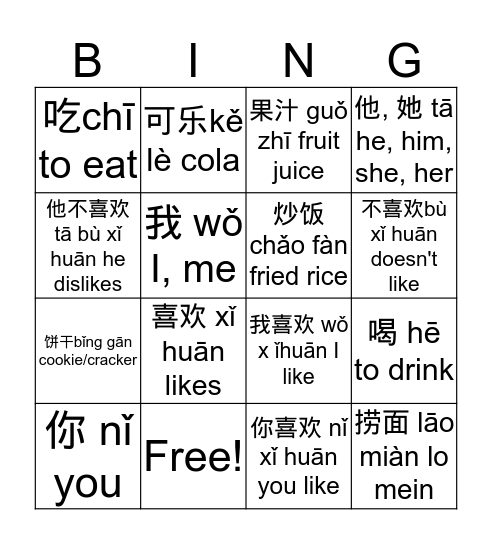 Snacks & Drinks Preference (Chinese Buddy) Bingo Card