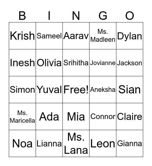 After School Names Bingo Card