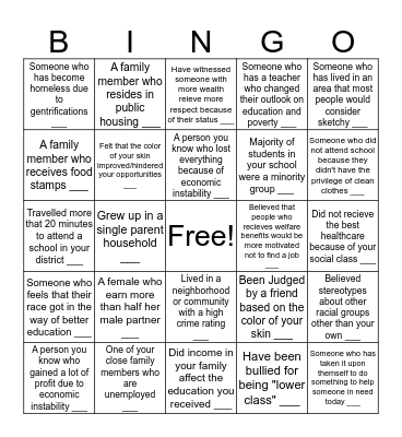 RACE AND SOCIAL STATIFICATION Bingo Card