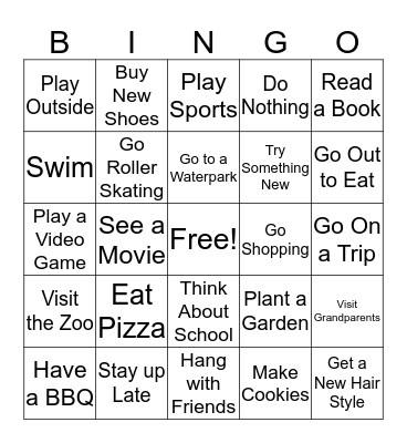 Spring Break Bingo Card