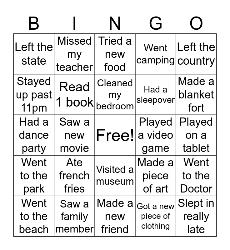 Spring Break Bingo Bingo Card