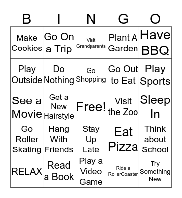 Spring Break Bingo Card