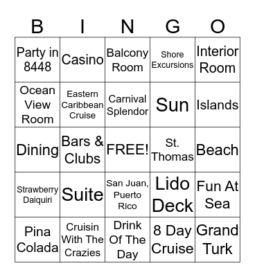 Carnival Splendor Bingo Card