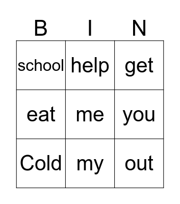 Sight Word Bingo  Bingo Card