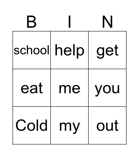Sight Word Bingo  Bingo Card