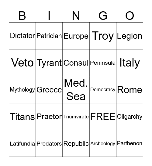 Greece/Rome BINGO Card