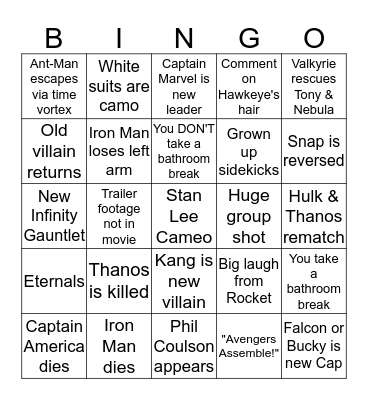 Avengers: Endgame Bingo Card