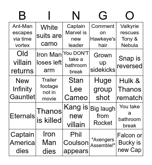 Avengers: Endgame Bingo Card