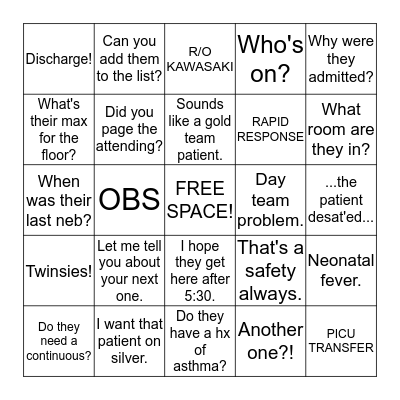 Night Team Bingo v. 2.0 Bingo Card
