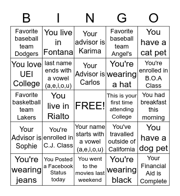 UEI College Bingo Card