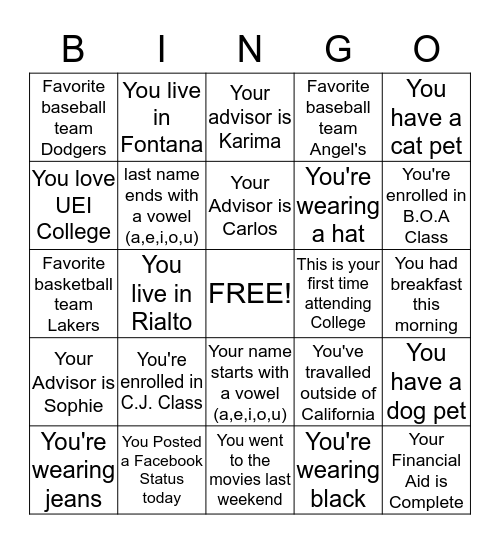 UEI College Bingo Card