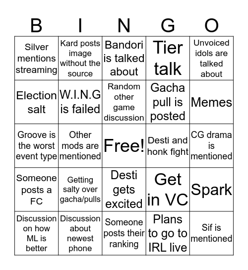 IDOLGAMES Bingo Card Bingo Card