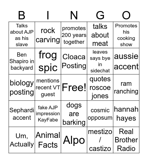 Kaiser Wayne Bingo Card