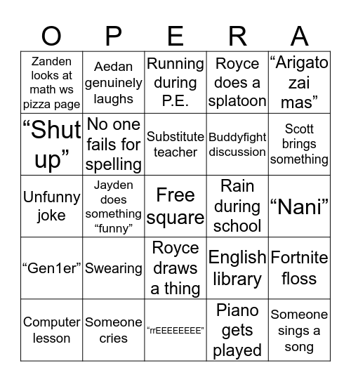 Oeps bingo Card