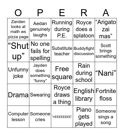 Oeps bingo Card