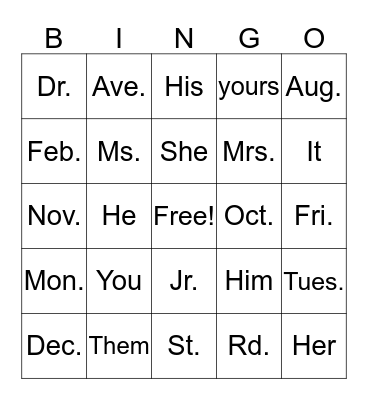 Abbreviations and Pronouns Bingo Card