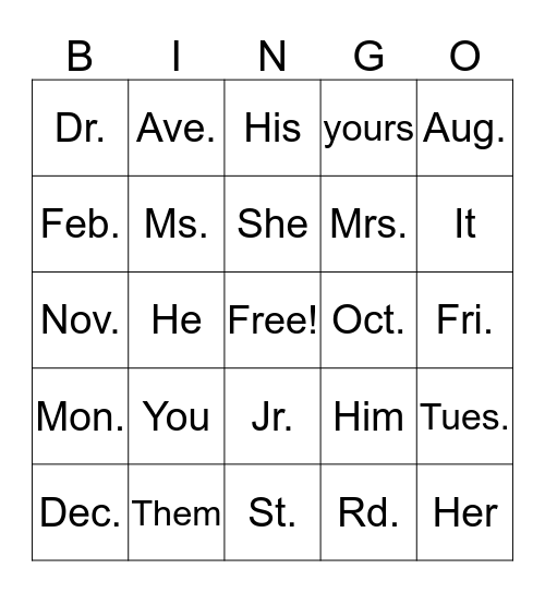 Abbreviations and Pronouns Bingo Card