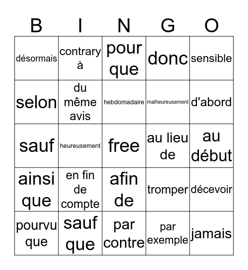 Vocabulaire Bingo Card