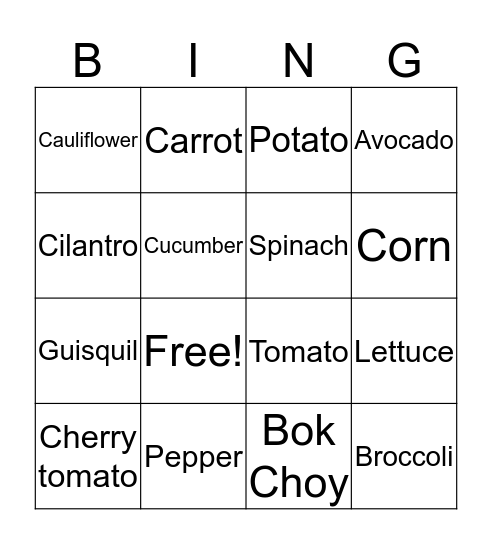 Vegetable Bingo  Bingo Card
