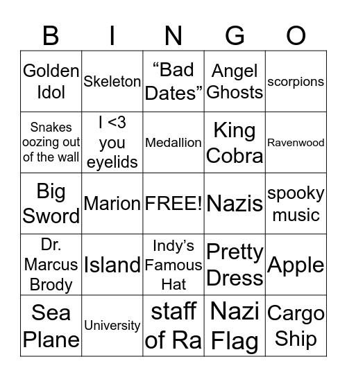 Indiana Jones: Raiders of the Lost Ark Bingo Card