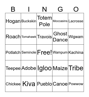 Native American Bingo Card