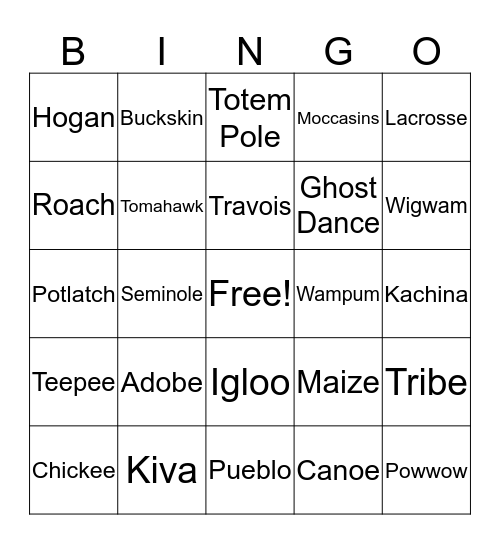 Native American Bingo Card