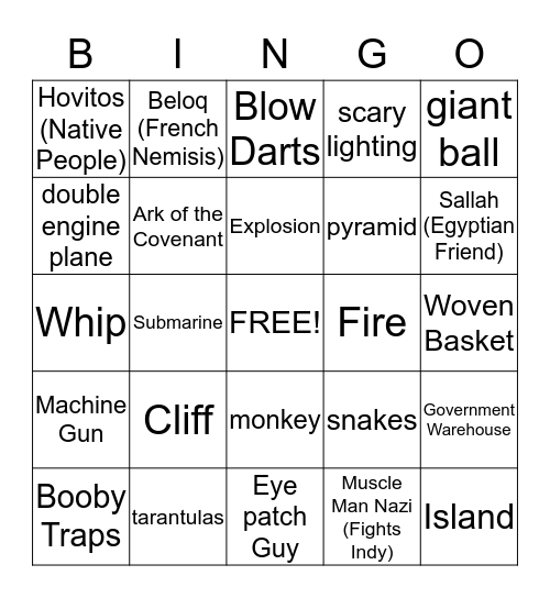 Indiana Jones: Raiders of the Lost Ark Bingo Card