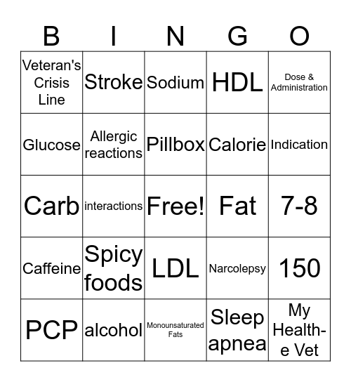 Health Promotion Bingo Card