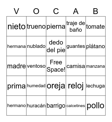 Spanish Vocabulary Review Bingo Card