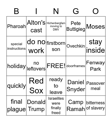 Passover at the Kennedy's Bingo Card