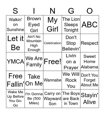 SINGO! Bingo Card