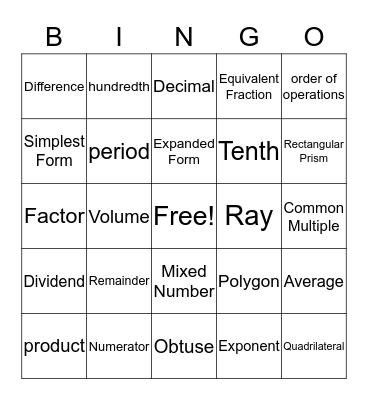 Math Vocabulary Bingo Card