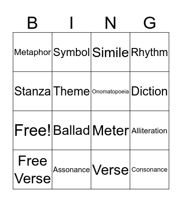 Poetry Bingo Card