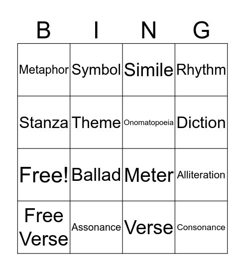 Poetry Bingo Card