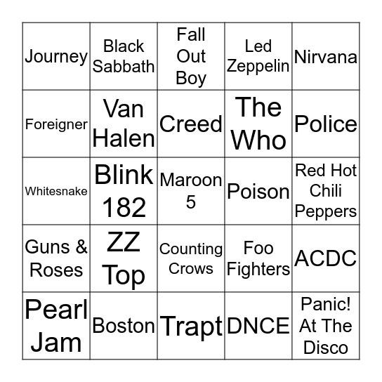 Popular Bands Bingo Card