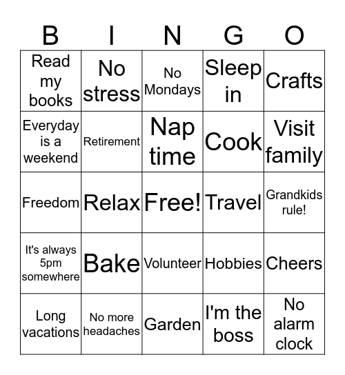 Retirement BINGO Card